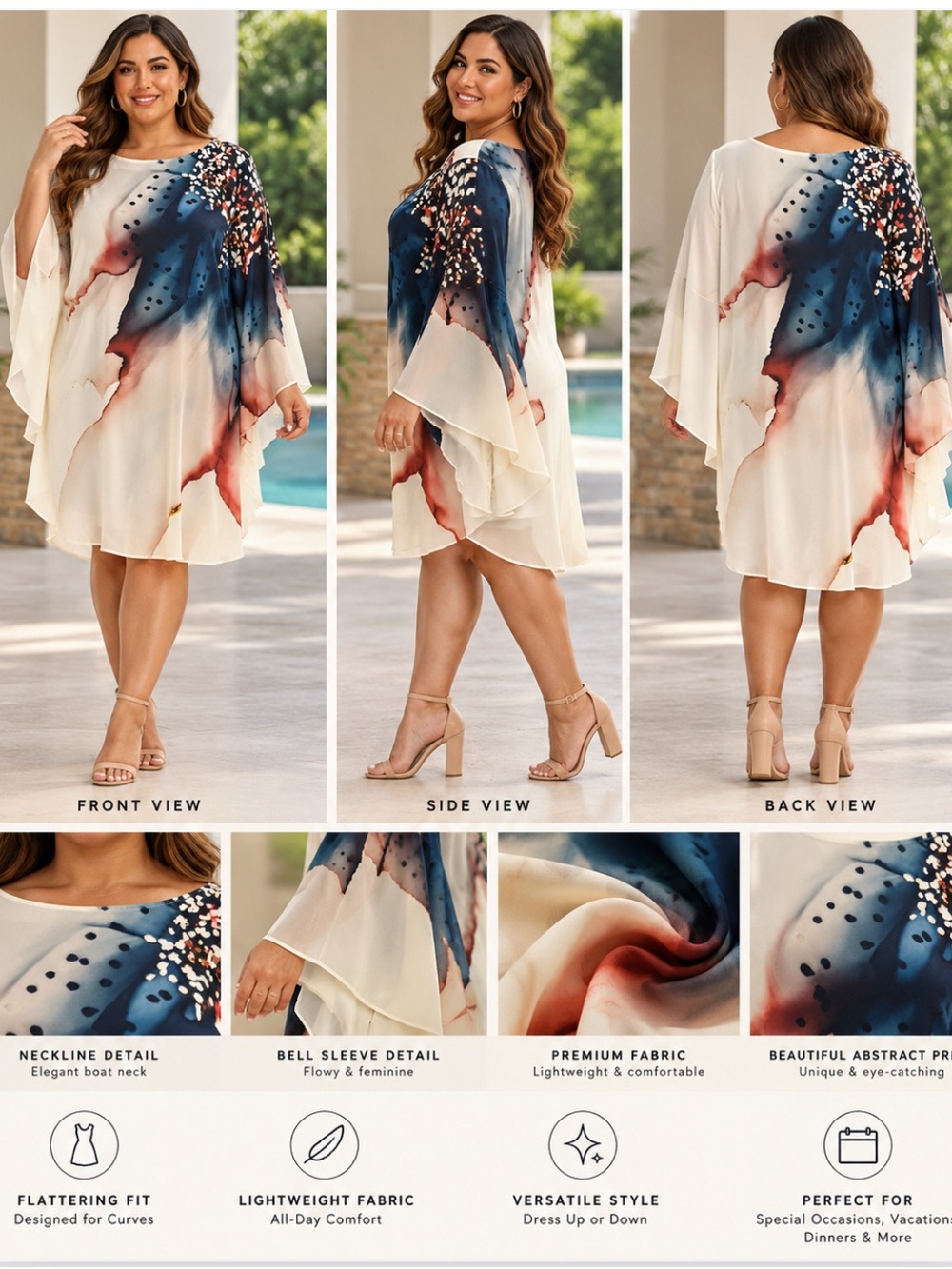 Women’s Plus Size Abstract Print Flowy Bell Sleeve Midi Dress Cream Blue